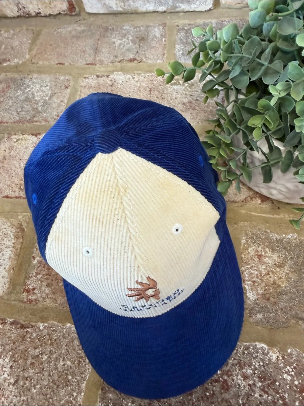 Vintage | Blue and Cream Corduroy Baseball Hat with Sun Embroidery